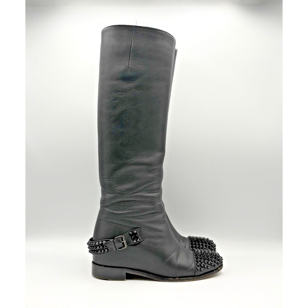 Christian Louboutin Black Leather Spike Cap Toe Egoutina Knee High Boots EU 35